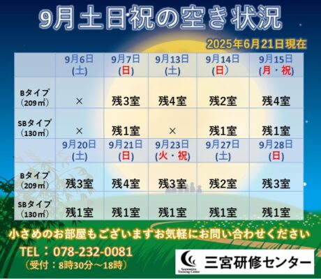 9月　土日祝空室状況